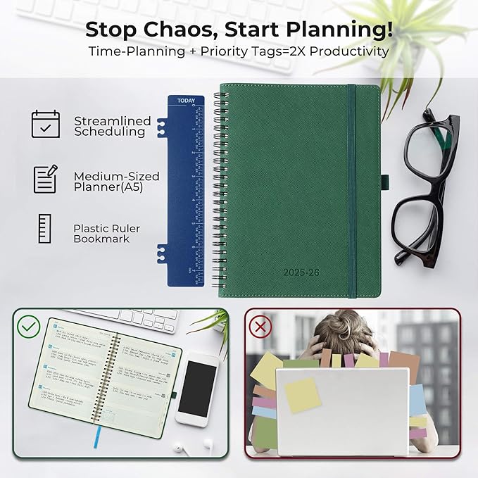 Planner 2025-2026 Daily Weekly and Monthly,11.5"x8.5",18 Months Spiral Bound Calendar Agenda with Self-adhesive Pen Holder,2026 Academic Plan with Vegan Leather Soft Cover,Green