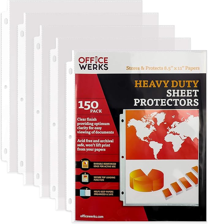 Office Werks Archival-Quality Document Protectors | Reinforced Clear Sheet Sleeves | Acid-Free 150 Pack | Heavy-Duty 3-Ring Binder Compatible | Transparent Letter-Size Page Covers