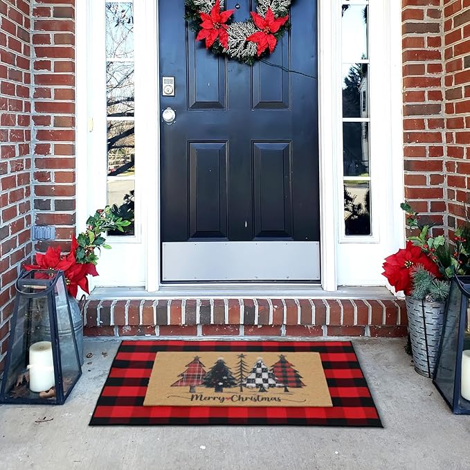 2 Pcs Christmas Front Porch Rug Buffalo Plaid Christmas Front Door Mats Imitation Coco Coir Xmas Welcome Layering Rugs for Outdoor Home Winter Festival Holiday Farmhouse Decor, 28 x 43 Inch