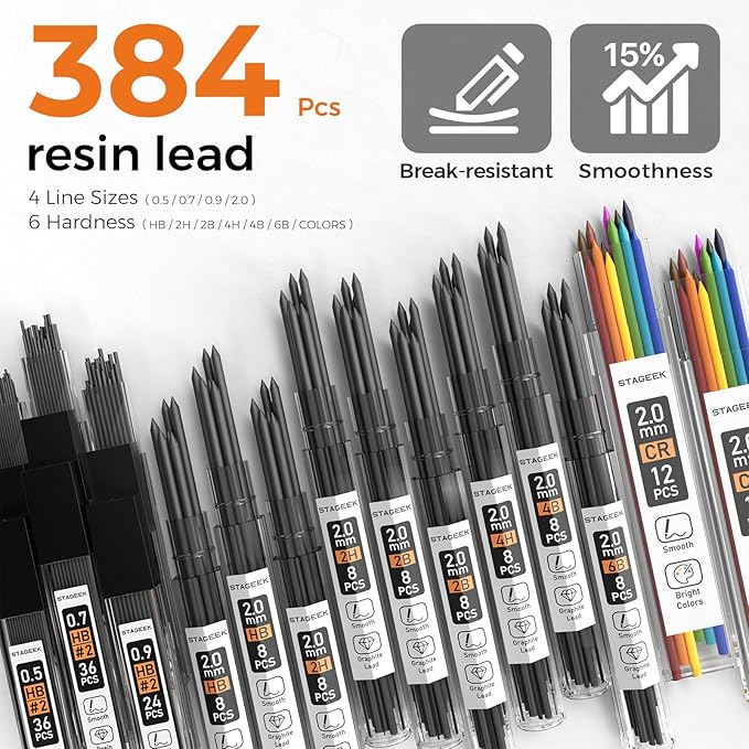 35Pcs Art Mechanical Pencil Set with Case, 0.5 0.7 0.9 2.0 Graphite Metal Drawing Drafting Pencils, Sharpener Erasers 384PCS Lead Refills (6B 4B 2B HB 2H 4H Colors)Pencils for Writing Sketching,Silver