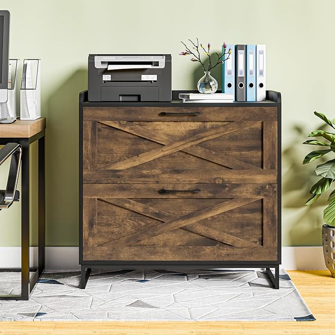 Lateral File Cabinet 2 Drawers File Cabinet with Charging Station, Modern Farmhouse Large Wood Home Office Furniture, Rustic Brown and Black