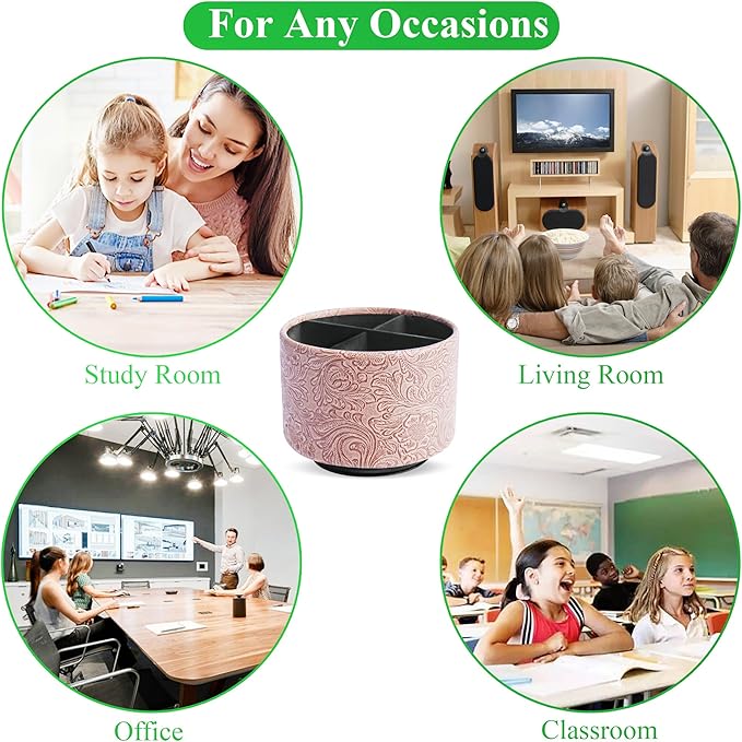 lizimandu Round Leather Art Supply Organizer,Remote Control Holder,360 Degree Spinning,Multi-Functional Pencil Holder,4 Compartments Desktop Stationary Organizer(1-Carved Wood Beige)