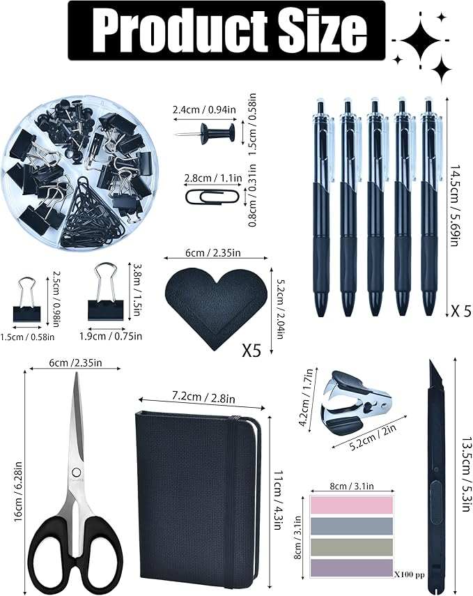 Black Desk Accessories, 24Pcs Office Supplies and Desk Organizers, with Tape Dispenser, Stapler, Staple Remover, Ect, Christmas Gifts