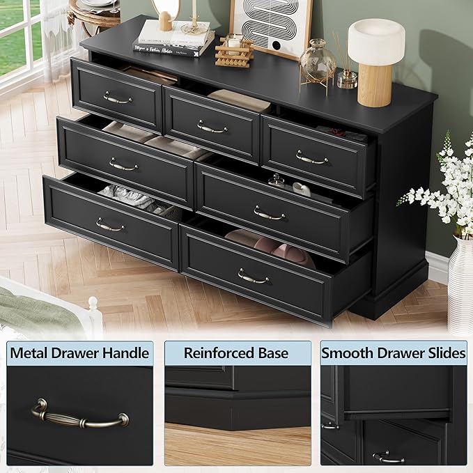 7 Drawer Dresser for Bedroom, 57" Wide Wooden Chest of Drawers, Rustic Farmhouse Dresser with Large Drawers & Metal Handles, Modern Storage Organizer for Closet, Living Room, Hallway, Black