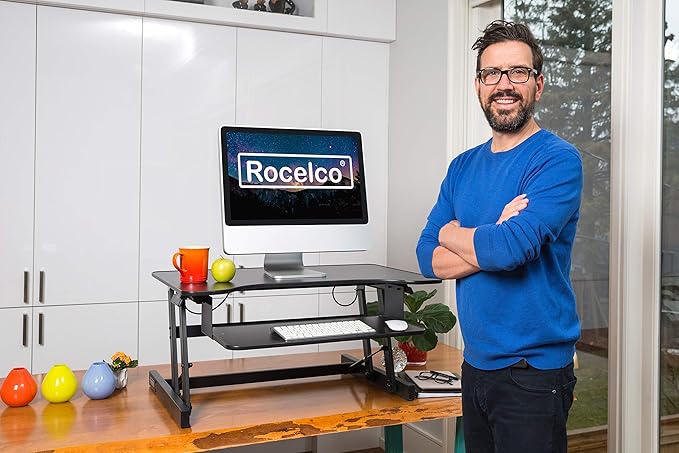 Rocelco 32" Height Adjustable Standing Desk Converter - Slide Out Retractable Keyboard Tray - Sit Stand Up Double Monitor Riser - Dual Piston Lift Assist Tabletop Computer Workstation - Black (R ADRB)