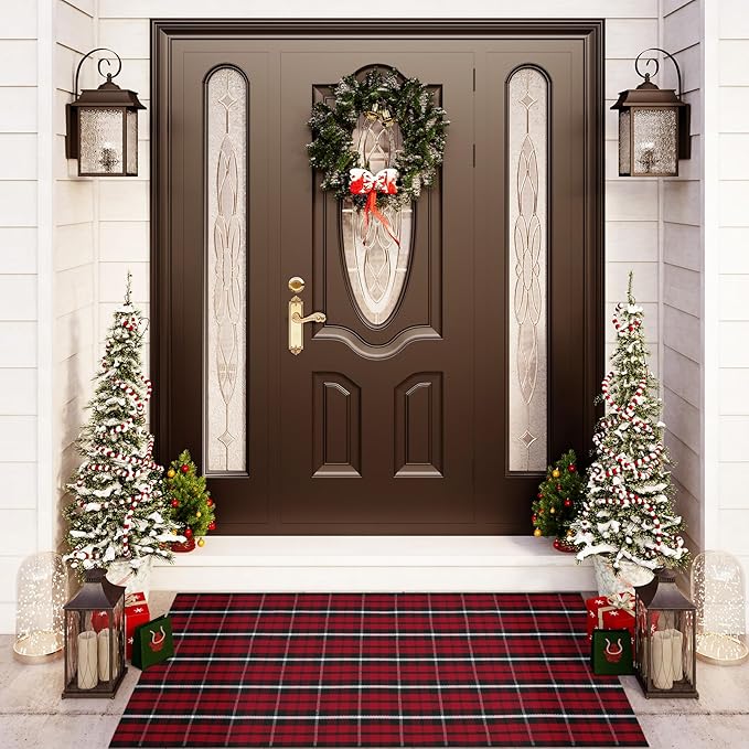 OJIA Washable Outdoor Rug 3'x5', Christmas Door Mats Outdoor Area Rug Red Plaid Rug Entryway Rugs Indoor Door Mat Front Porch Rug Cotton Floor Carpet for Entry/Patio/Bedroom/Living Room