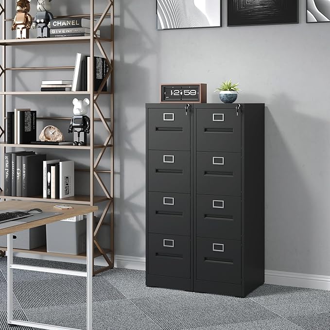 4 Drawer File Cabinet with Lock, Metal Vertical Filing Storage Cabinet for Home Office, Steel Vertical File Cabinets for A4 Legal/Letter Folders,Silent Sliding Drawers, Assembly Required (Black)