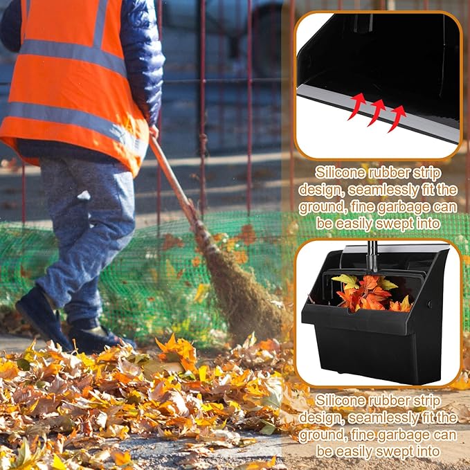 Leumoi 12 Pcs Dust Pans with Long Handle Set 36.6 Inch Commercial Dust Pan with Comb Large Plastic Stand up DustPans for Outdoor Indoor Restaurant Home Office Floor Cleaning (Black)