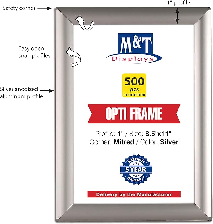 M&T Displays Opti Snap Poster Frame 8.5x11 Inch Silver 1" Aluminum Profile Front Loading Wall Mounting Photo Picture Document Certificate Sign Holder Mitered Corner Anti Glare Cover (500 pack)