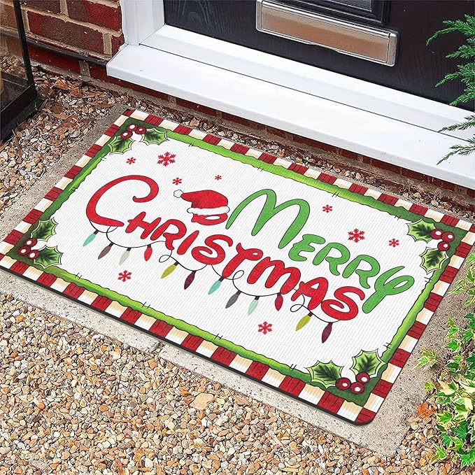 Christmas Door Mat Outdoor, Merry Christmas Plaid Hat Light Snowflakes Welcome Mats for Front Door Holiday Doormat Indoor Entryway Floor Rug for Entrance Outside Home, 18" x 30"Inch