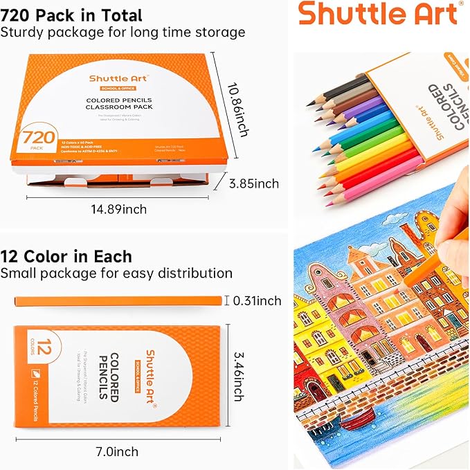 Shuttle Art 720 Colored Pencils Bulk, 12 Vibrant Colors, Pack of 60, Pre-sharpened Coloring Pencils, Wood Colored Pencil for Kids Teachers, Classroom Essentials, Back to School Supplies