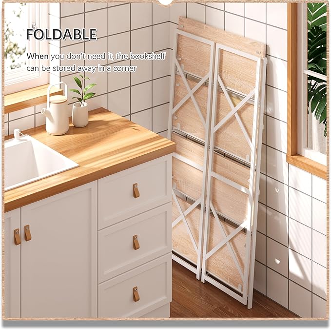 4NM 4 Tiers No Assembly Book Shelves, 41.3" H Folding Bookshelf Bookcase Open Industrial Foldable Shelves for Bedroom, Living Room, Home Office - Natural White