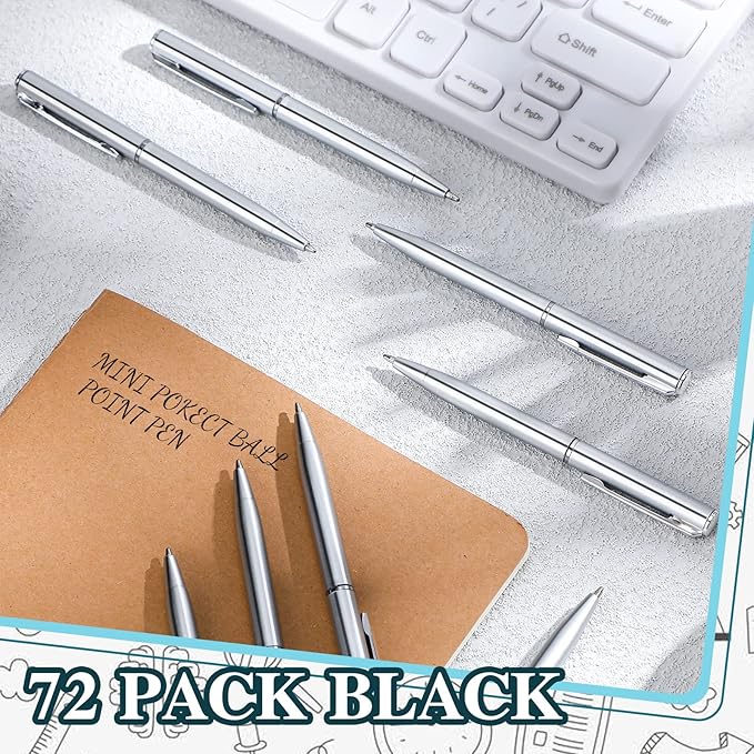 Teling 72 Pcs Small Ballpoint Pen Mini Pens Bulk 4 Inch Short Small Tiny Black Ink Ballpoint Writing Tool for Notebook Pockets Signature Notepads School Office(Silver,Classic Style)