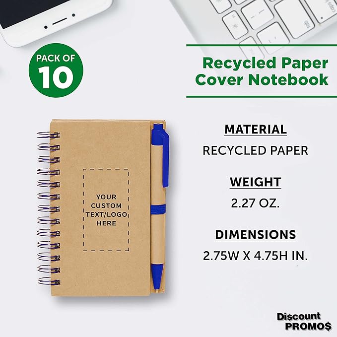 Custom Mini Spiral Notebooks with Black Ink Pens Set of 10, Personalized Bulk Pack - Perfect for School, Office, Business, Home - Blue