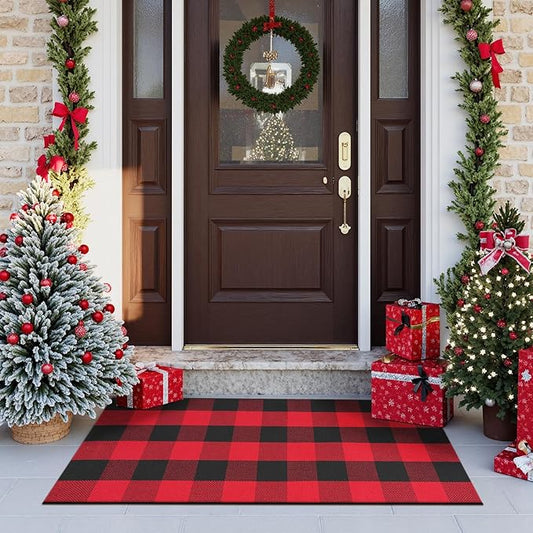 Christmas Door Mats Outside 24"x 51", Red/Black Buffalo Plaid Outdoor Rug Washable Cotton Hand-Woven Front Door Rug, Checkered Reversible Layered Door Mat for Porch,Entryway