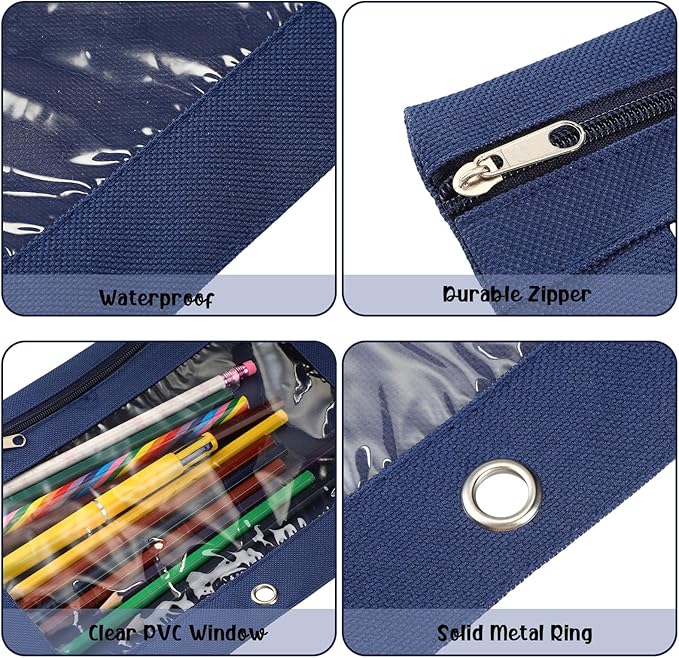 Marspark 30 Packs Pencil Pouch 3 Ring Binder Pen Pouch Cloth Pencil Pouches Zipper Pen Case Bag with Clear Window for School Office Writing Supplies Gifts(Navy Blue)