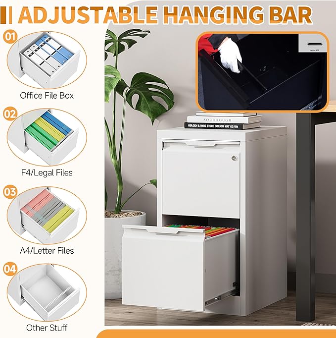 2-Drawer Metal File Cabinet with 1 Lockable Drawer,Steel Printer Stand with Storage for Home Office,Vertical Filing Cabinet for Legal/Letter/A4 Files,Assembly Required(15''W-2 Drawers,White)