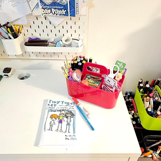 2 Pack Small 6 Compartment Multiuse Caddy Organizer with Handle Art Craft Supplies, Office, Desk, Stationery Pen Holder Stackable- Made In USA (Black/Pink)