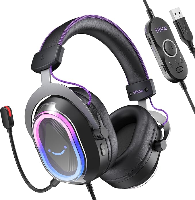 FIFINE Wired USB Gaming Headset: 7.1 Surround Sound - Vibrant Customizable RGB - Game/Chat Balance, Gamer Headphone with Noise Canceling Mic for PC, PS5/PS4, Laptop, Mac - AmpliGame H13BP