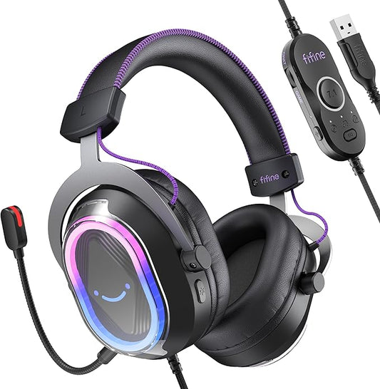 FIFINE Wired USB Gaming Headset: 7.1 Surround Sound - Vibrant Customizable RGB - Game/Chat Balance, Gamer Headphone with Noise Canceling Mic for PC, PS5/PS4, Laptop, Mac - AmpliGame H13BP