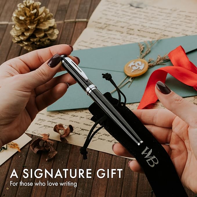 Wordsworth & Black Fountain Pen Set, Medium Nib, Includes 24 Pack Ink Cartridges, Ink Refill Converter & Gift Pouch, Chrome Finish, Calligraphy, [Black Chrome], Perfect for Men & Women