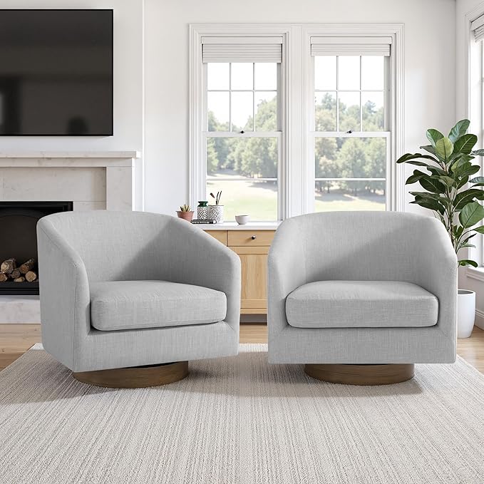 UIXE Swivel Accent Chairs Set of 2, Fabric Upholstered Barrel Chair for Living Room, Comfy Round Armchair Single Sofa Bedroom Reading Seat - 31" W, Light Gray