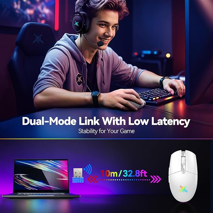 TECKNET Wireless Gaming Mouse - 8000 DPI, RGB Backlit, 6 Programmable Buttons, 100Hrs Battery Life, Dual Mode [2.4G & USB-C] for Laptop,PC,Mac - White