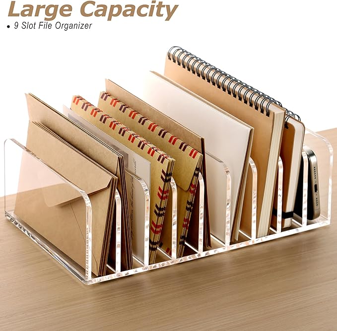 SANRUI Clear Desk Mail Organizer, 9 Compartments Acrylic Office Document Sorter File Storage Holders, Multifunction Letter Folder Racks Holders for Office,Home, School Desktop Organization