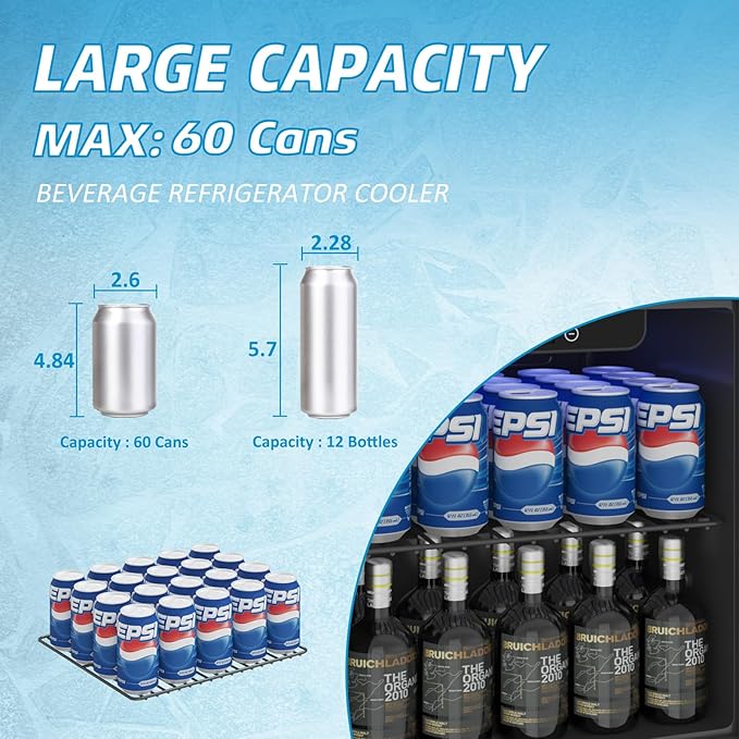 Compact Beverage Refrigerator,60 Can/1.3 Cubic Feet Mini Fridge with Glass Door for Soda, Beer, or Wine, Under Counter Small Refrigerator with Adjustable Shelves and Digital Display