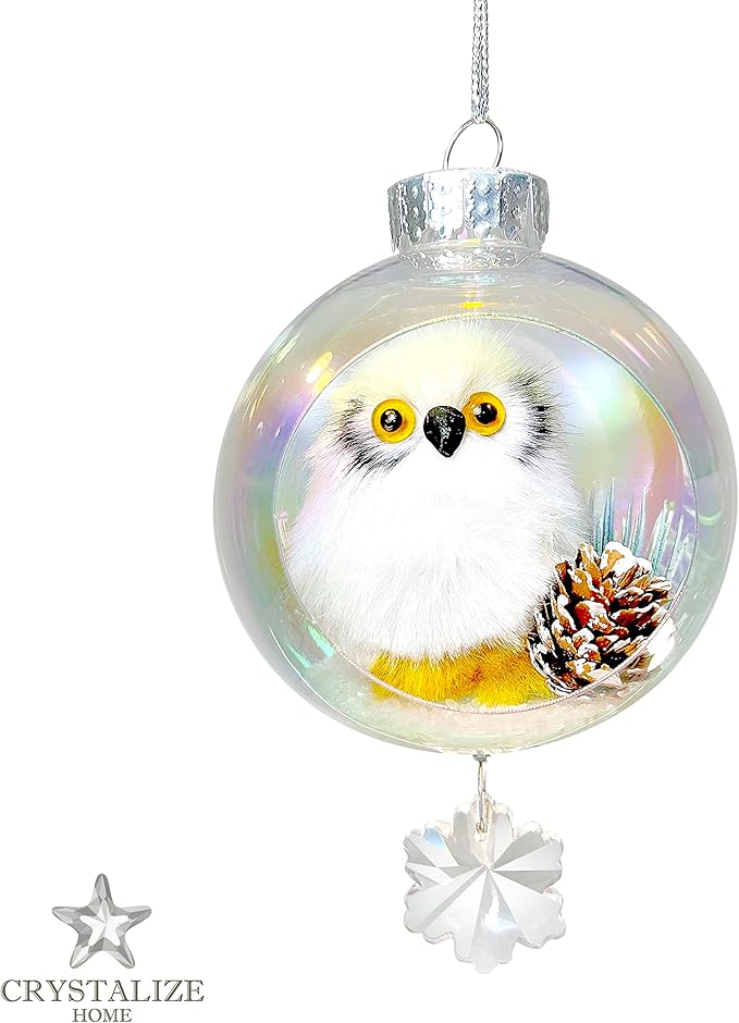 White Owl Christmas Ornament - Handmade Shatterproof Decorations for Indoor Outdoor Xmas Tree - Clear Ball Ornaments with Magnetic Crystal - Great Gift or Stocking Stuffer for Mom, Sister, Friend