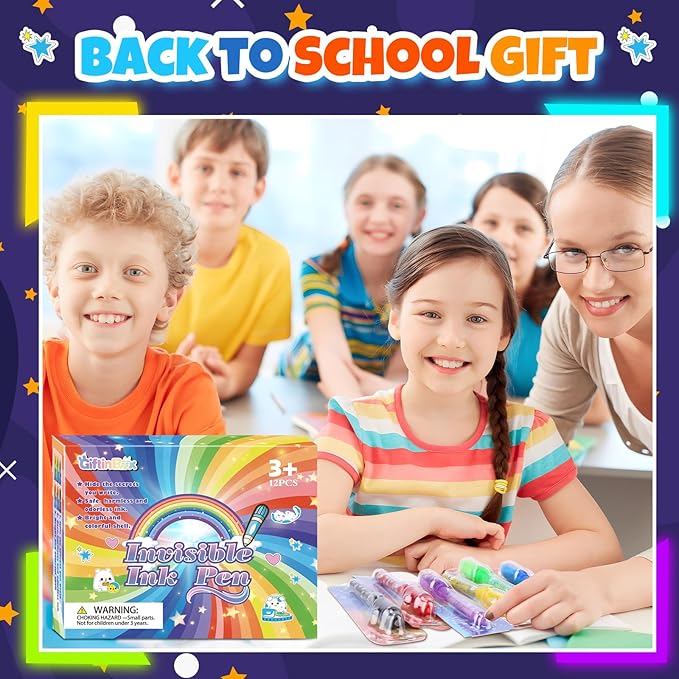 GIFTINBOX Invisible Ink Pen with UV Light for Kids, 12PCS Spy Pen Party Favors for Kids 8-12, Magic Marker for Secret Message, School Supplies Birthday Goody Bag Stuffers for Boys Girls