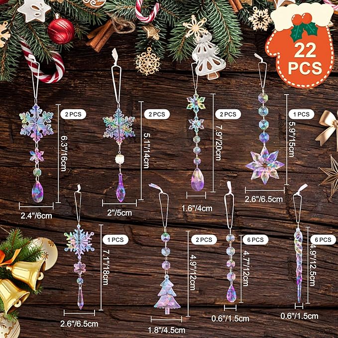 Lanpn 22pcs Christmas Ornaments Crystal Christmas Tree Decoration, Hanging Clear Acrylic Snowflake Icicle Drop Crystal Pendant for Xmas Tree Winter New Year Outdoor Indoor Party Decoration (Colorful)