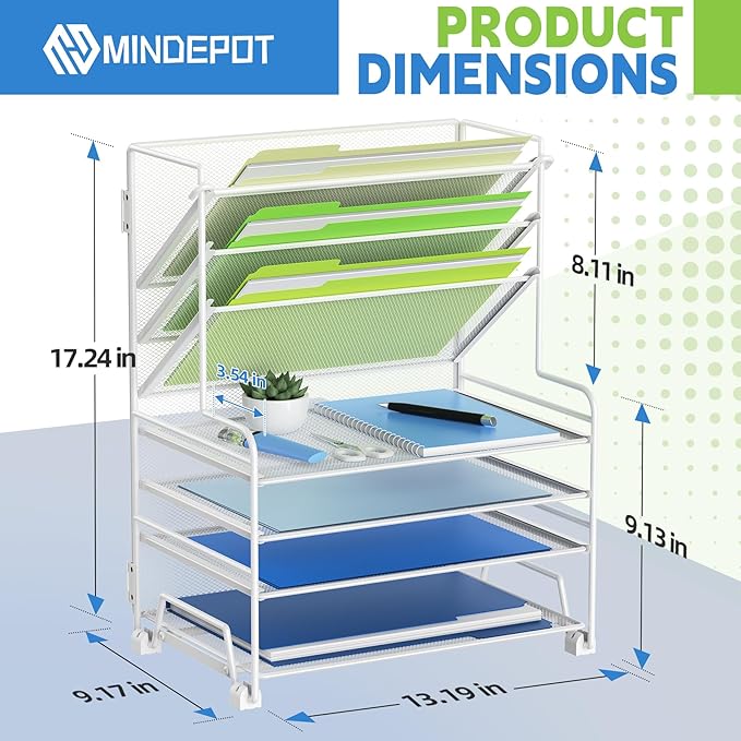 4-Tier Paper Organizer + 3-Pocket File Holder + Drawer + Pen Holders, Desktop File Organizers Paper Tray for Office Supplies School Classroom Organization (White, no Drawer & Pen Holder)