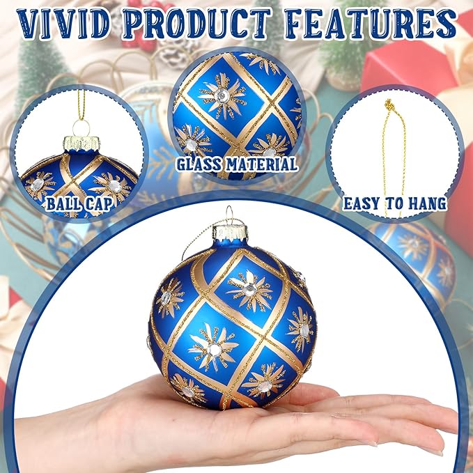 6 pcs 3.15 Inch Glass Luxury Christmas Ball Blue and Gold Ball Ornaments Glass Christmas Tree Decorations Luxury Hanging Ornaments for Xmas Tree Party Holiday Decor