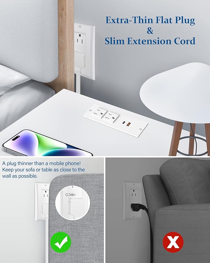 Recessed Power Strip USB C PD 30W Fast Charging,Flush Mount Desk Recessed Outlet,Space-Saver for Furniture Side Table,2 USB Ports,2 AC Outlets,6ft Cord,Ultra Thin Flat Plug,White