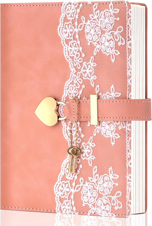 Lace Diary with Lock and Key for Women Girls 224 Pages Leather Password Journal with Lock A5 Locked Journals for Writing Note Taking, 5.6x 8.3, Pink