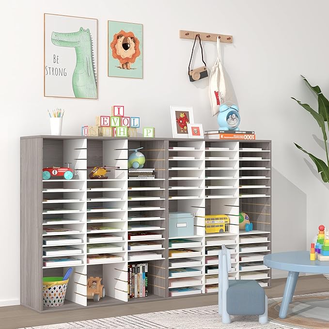 EasyPAG Mail Organizer Countertop, Wood Literature Organizer with Adjustable Shelves, Student Classroom Mailbox for School, Desktop Paper Sorter for Office Home, 36 Compartments, Retro Gray/White