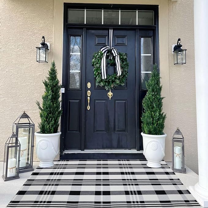 Fall Décor Plaid Rug, 3' x 5' Black&White Check Indoor/Outdoor Area Rug, Layering Rug for Hello/Welcome Door Mat, Machine Washable Cotton Woven Rugs for Farmhouse Front Porch, Entryway