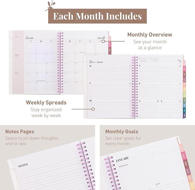 Rileys 2026 Planner, Agenda Planner With Weekly And Monthly View, Daily Agenda Book And Yearly Planners Calendar Book, Spiral Bound With Tabs, Notes, Goals And Holidays (Pink, 8 x 6 in)