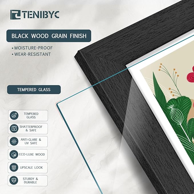 5x7 Picture Frames Set - 3 Pack - Black Solid Wood Poster Frame - Tempered Glass - Exclusive Woodgrain - Rooms, Offices, Gallery, Studio, and Hallway, Wall Display Decor