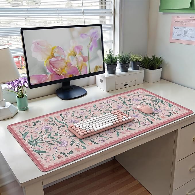 HAOCOO Pink Desk Mat, Aesthetic Flower Mouse Pad, 35.4" x 15.7" Computer Mat, Keyboard Pad Dorm Decor, Non-Slip Mouse Pad for Laptop with Stitched Edges, Home Office Desk Protector