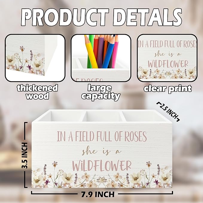 Wildflower Nursery Decor Pen Pencil Holder Organizer for Desk, Girl Nursery Decor, in a Field Full of Roses She Is a Wildflower Wooden Box Sign for Girly Room Bedroom Desk Tabletop Decorations