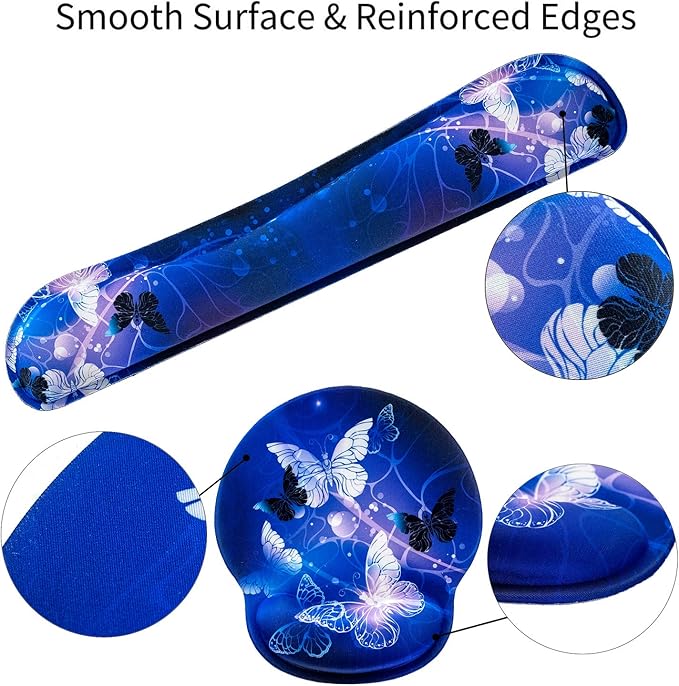 RICHEN Keyboard Wrist Rest and Mouse Pad with Wrist Support, Memory Foam Set for Gaming and Office, Comfortable & Lightweight for Easy Typing & Pain Relief (White Butterflies)