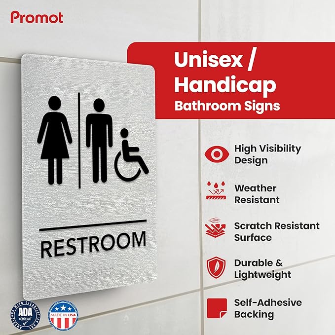 Promot Unisex Handicap Bathroom Sign – ADA Braille Restroom Sign for Business, Self-Adhesive, 9" x 6", Commercial Door Signage, Office Wall Decor - Brushed Steel