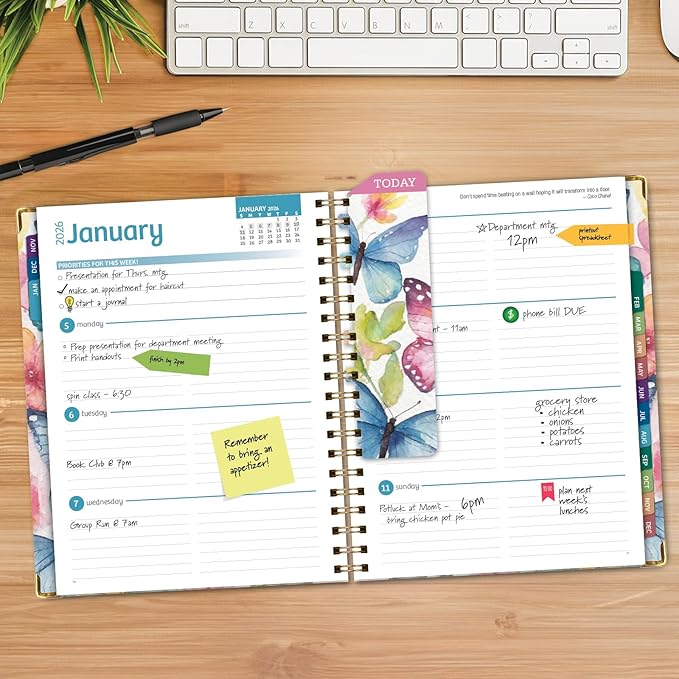 HARDCOVER 2026 Planner, 8.5"x11": 14 Months (November 2025 - December 2026), Daily Weekly Monthly Planner, Yearly Agenda, Bookmark, Pocket Folder and Sticky Note Set (Watercolor Butterflies)