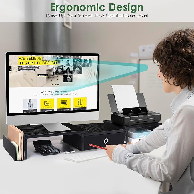 Dual Monitor Stand Riser w/ Drawer & Metal Leg, Large Computer Monitor Riser w/ Storage For 2 Monitors, Desk Shelf For Monitor w/ Adjustable Length & Angle, Desktop Organizer For Laptop/TV/Printer
