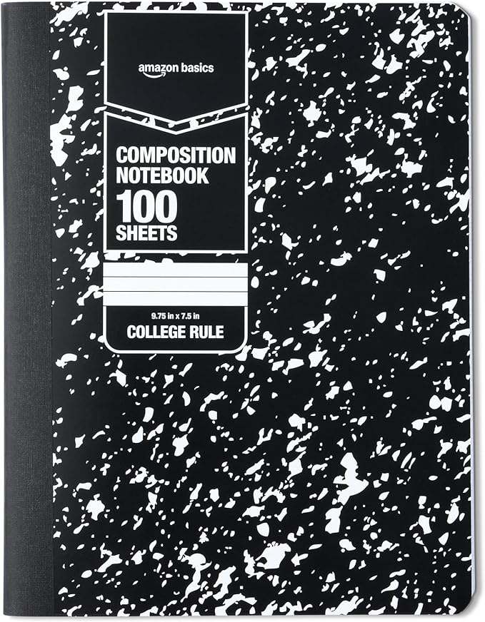 Amazon Basics Composition Notebook, College Ruled, 100 Sheets, 9.75" x 7.5", 1 pack, Marble Black