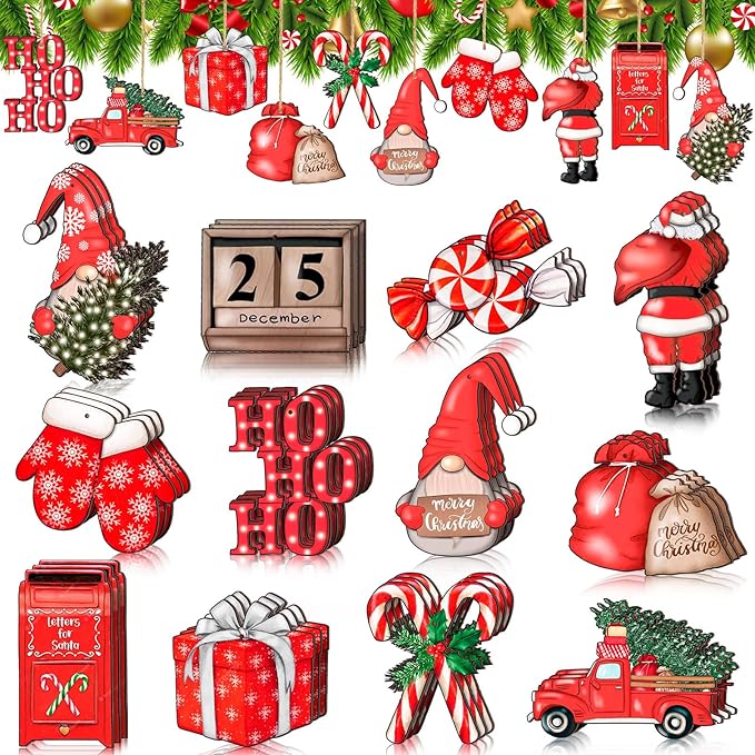 Huwena 36 Pcs Christmas Wooden Ornaments Red Christmas Decorations for Tree Snowman Gnomes Poinsettia Flowers Truck Wreath Wood Cutouts Tags with Ropes Winter Decor for Xmas Tree Gifts
