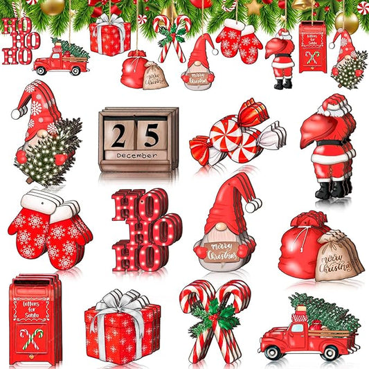 Huwena 36 Pcs Christmas Wooden Ornaments Red Christmas Decorations for Tree Snowman Gnomes Poinsettia Flowers Truck Wreath Wood Cutouts Tags with Ropes Winter Decor for Xmas Tree Gifts
