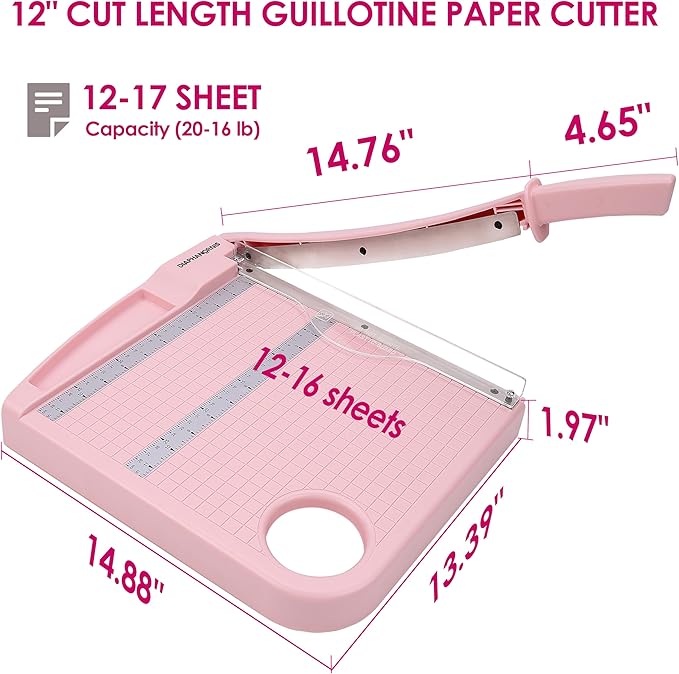 Paper Cutter Trimmer for Office&Crafts, Heavy Duty Guillotine Paper Trimmer with Portable Base Design/Safety Protection and Blade Lock, Paper Cutter 12 Sheets, Cardstock/Laminate (Pink)